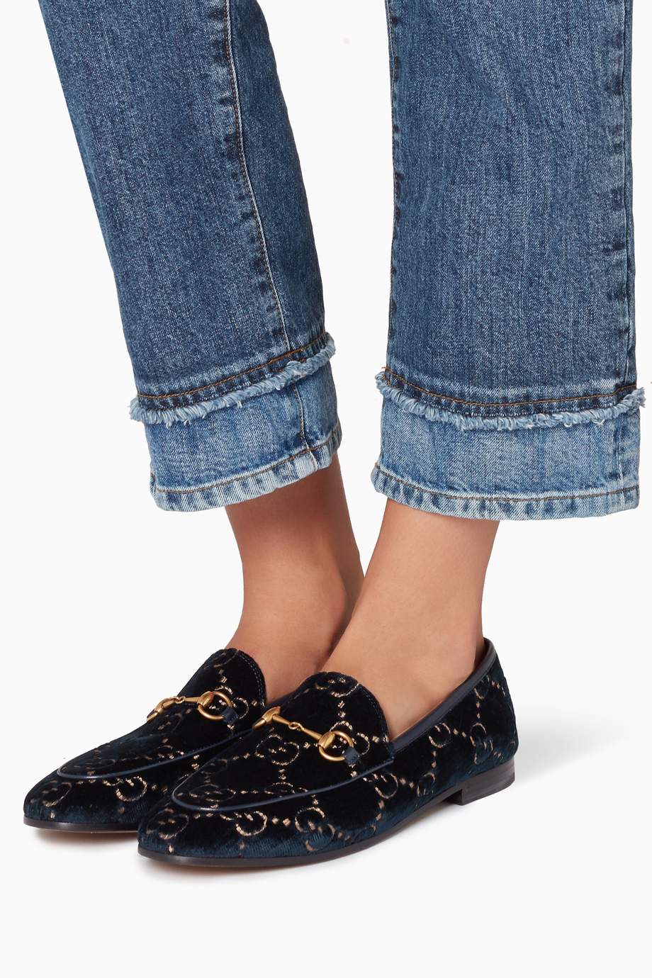 Shop Gucci Blue Dark-Blue Jordaan Velvet GG Loafers for Women | Ounass UAE