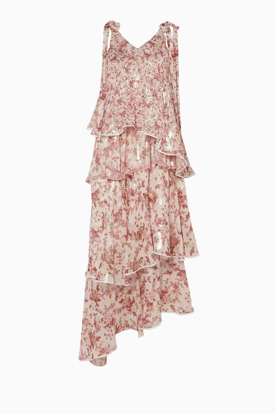 Shop Hemant And Nandita Pink Light-Pink Tiered Floral-Print Midi Dress