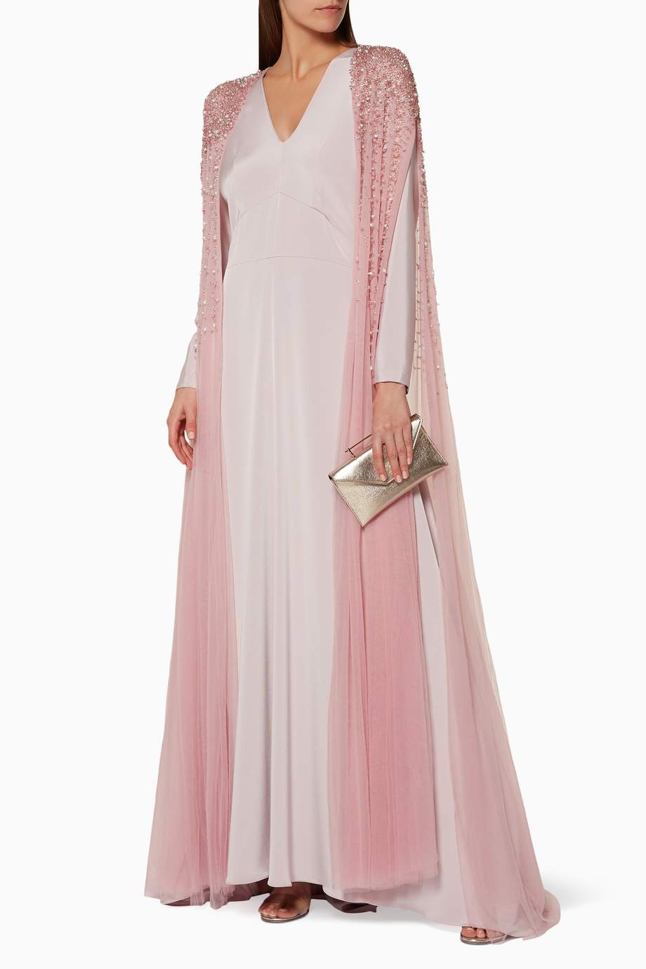 Shop SHATHA ESSA Pink LightPink Embellished Cape & Kaftan Set for
