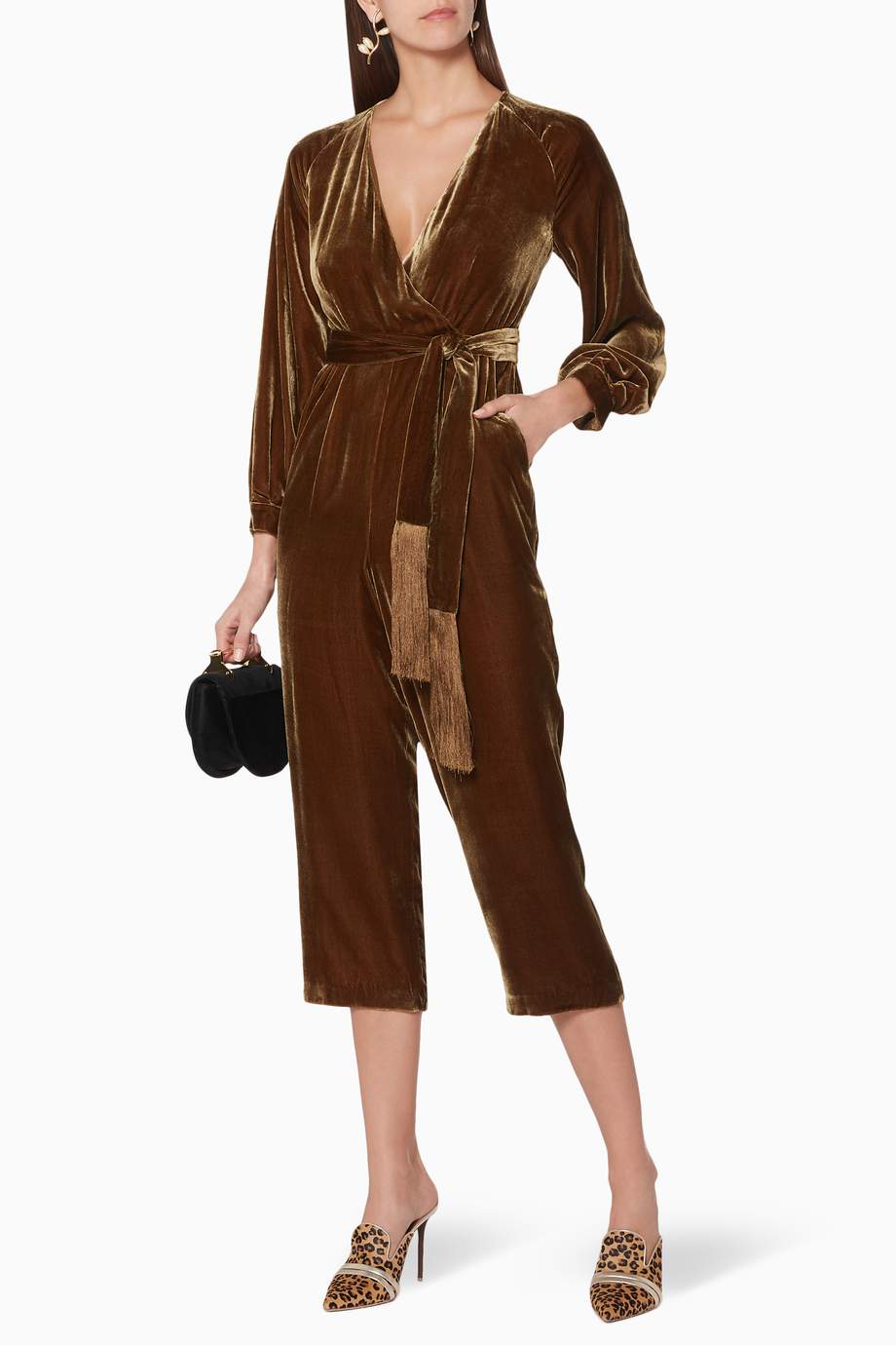 Shop WHISTLES Gold Gold Velvet Thea Jumpsuit for Women Ounass UAE
