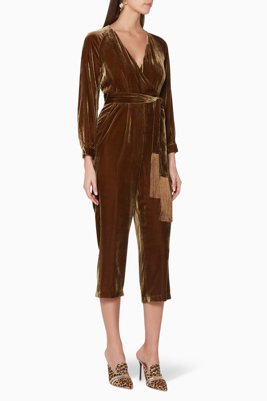 Shop WHISTLES Gold Gold Velvet Thea Jumpsuit for Women Ounass Saudi