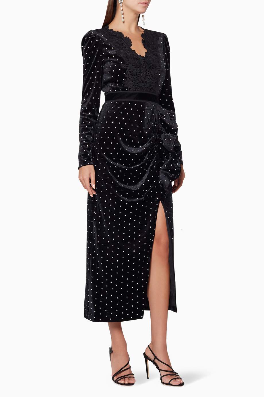 Shop Self-Portrait Black Black Lace Trimmed Diamante Midi Dress for ...