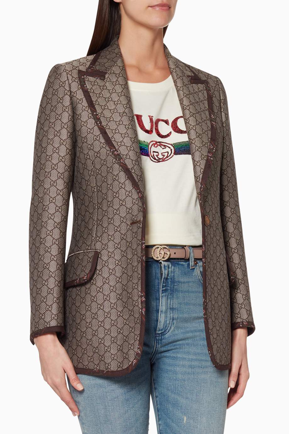 Shop Gucci Brown Brown GG Logo Jacket for Women | Ounass Bahrain