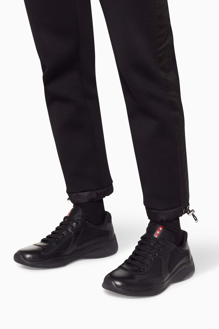 Shop Prada Black Black America's Cup Leather & Knit Sneakers for Men ...
