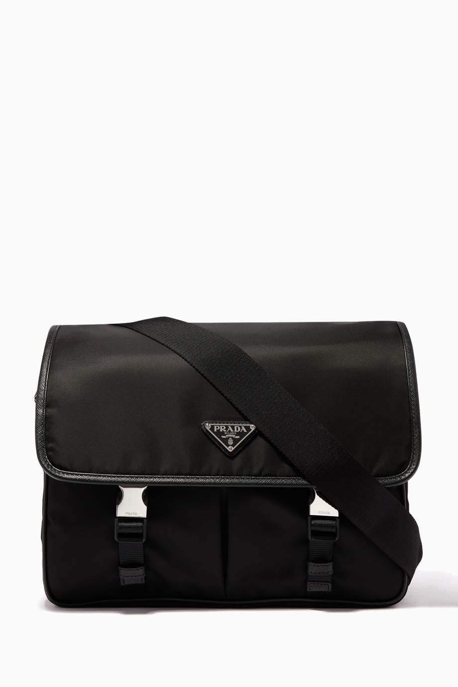 Shop Prada Black Black Nylon Triangle Logo Messenger Bag for Men ...