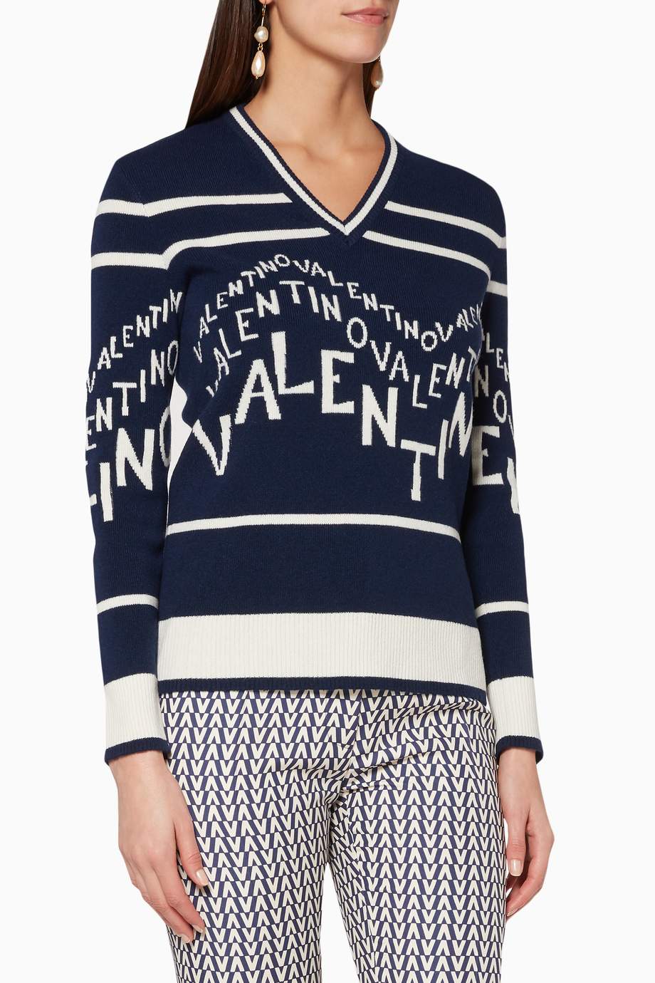 Shop Valentino Blue Navy Logo Wave Printed V-Neck Sweater for Women ...
