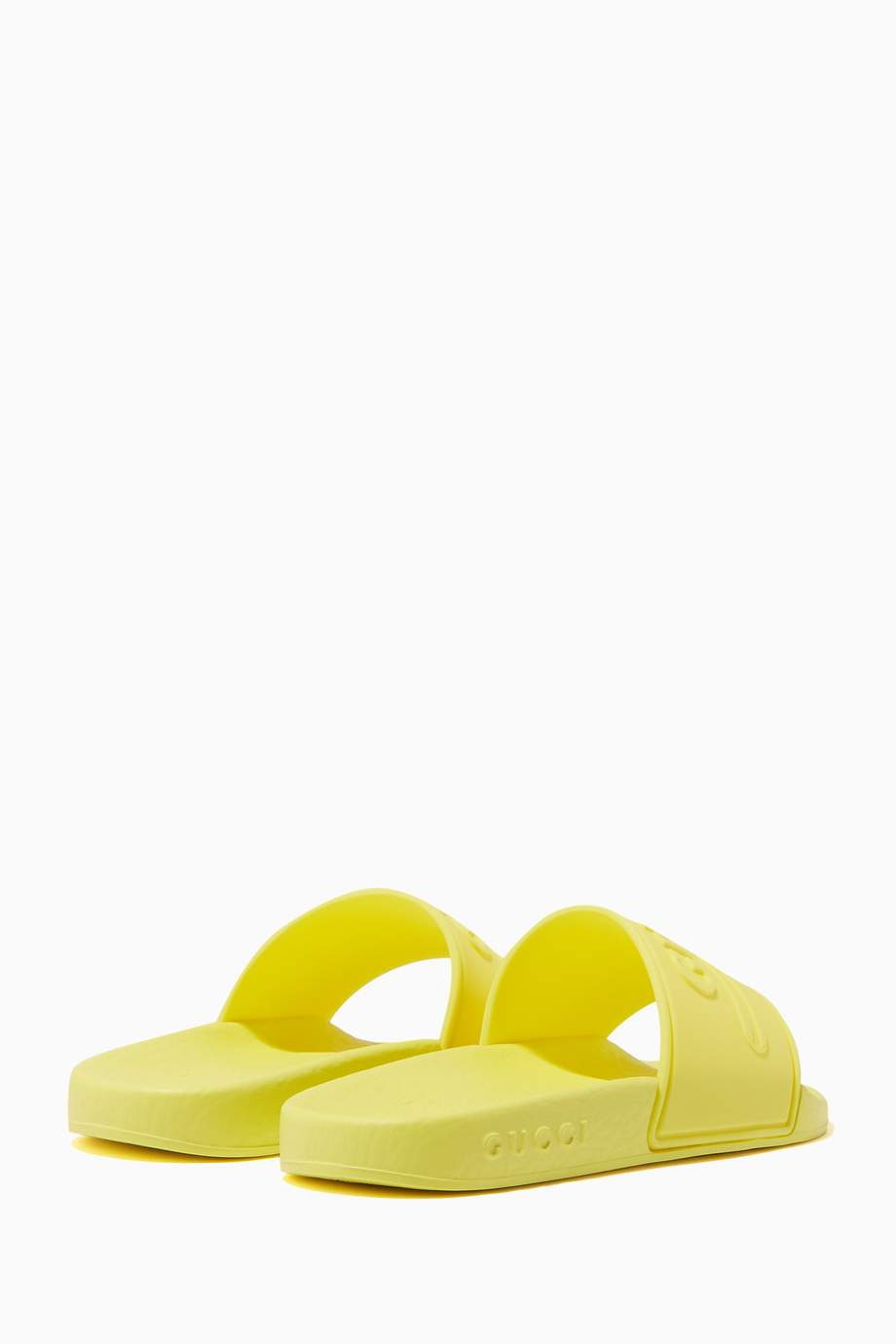 Shop Gucci Yellow Fluorescent Yellow Logo Embossed Rubber Slides for