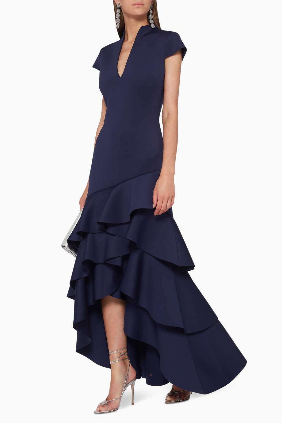 badgley mischka asymmetrical ruffle gown