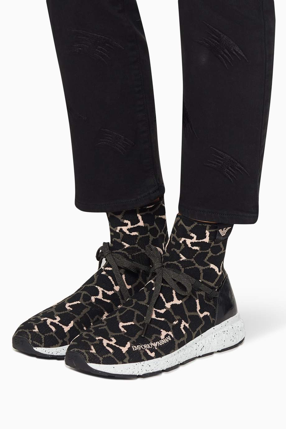 Shop Emporio Armani Black Elastic Jacquard SockLiner Shoes for Women