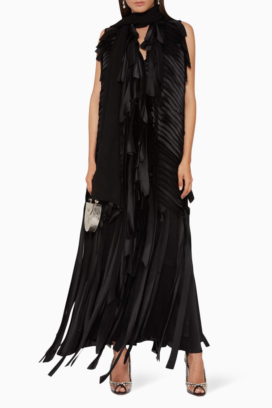 Shop Pearl Haute  Couture  Black Pleated High Neck Abaya  for 