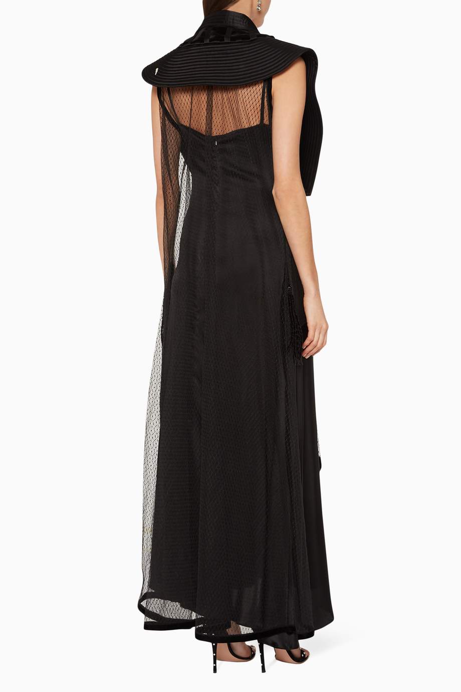 Shop Pearl Haute  Couture  Black Ruffled Sheer Mesh Abaya  