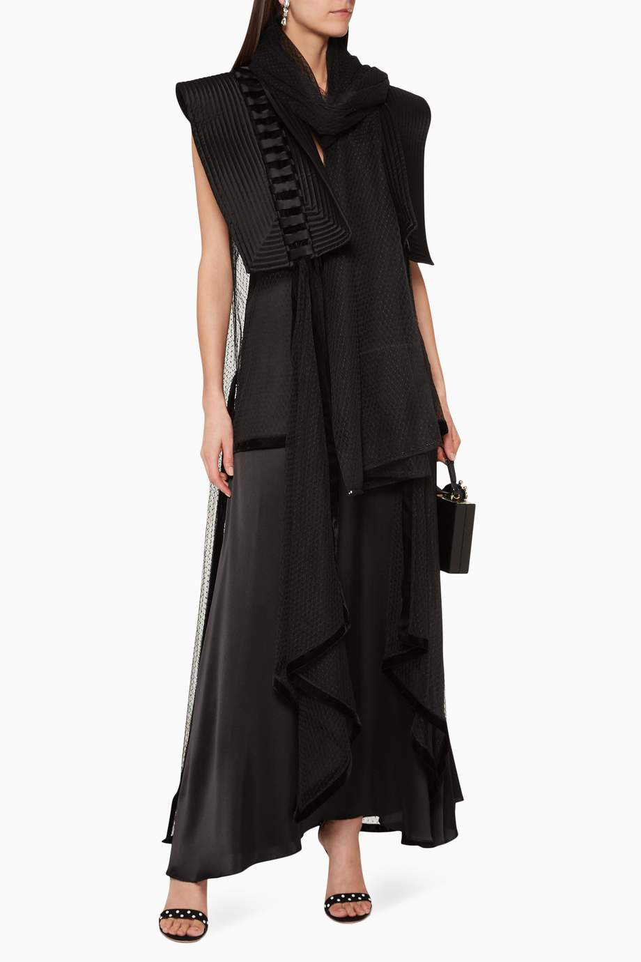 Shop Pearl Haute  Couture  Black Ruffled Sheer Mesh Abaya  