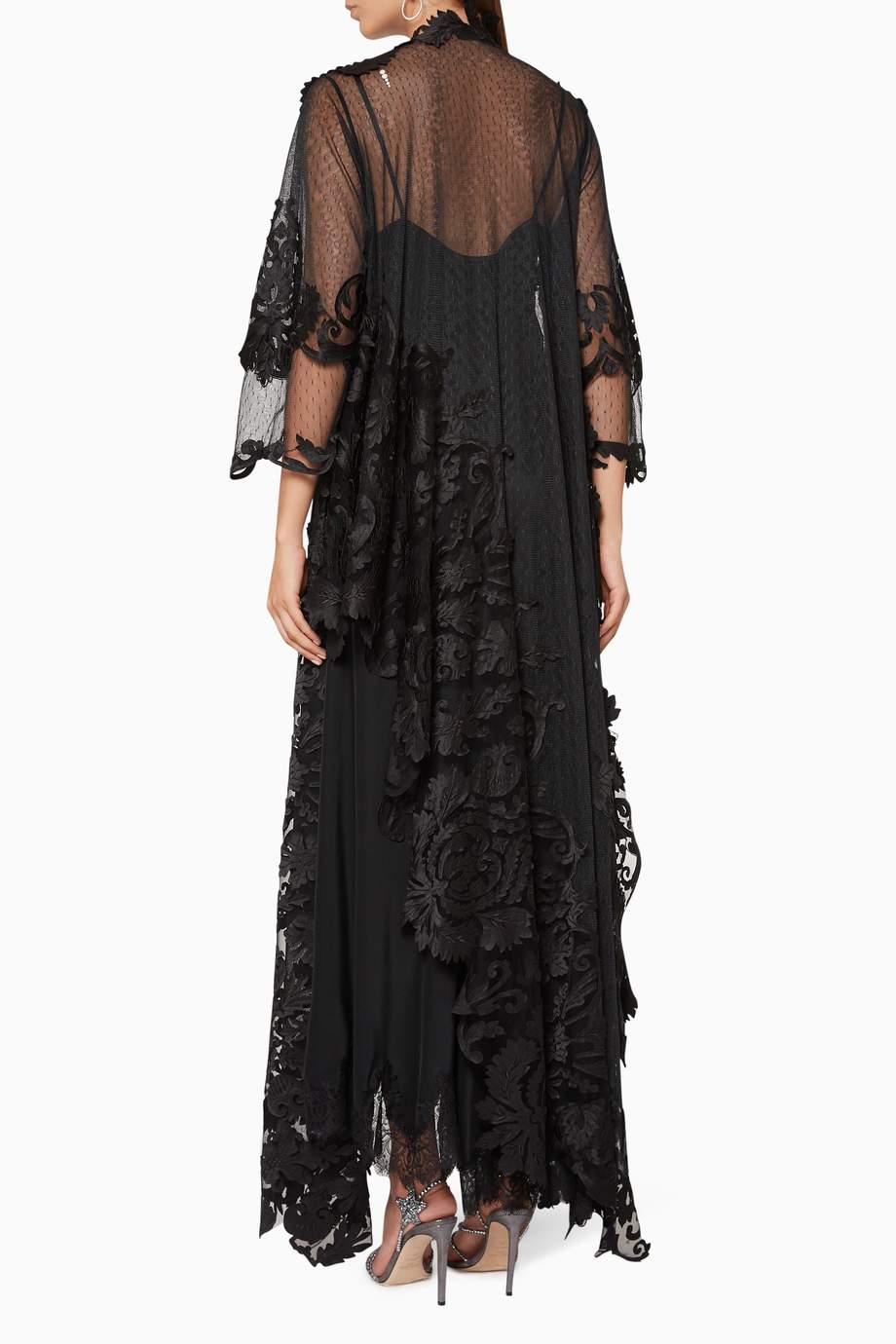 Shop Pearl Haute  Couture  Black Floral Lace Abaya  for Women 