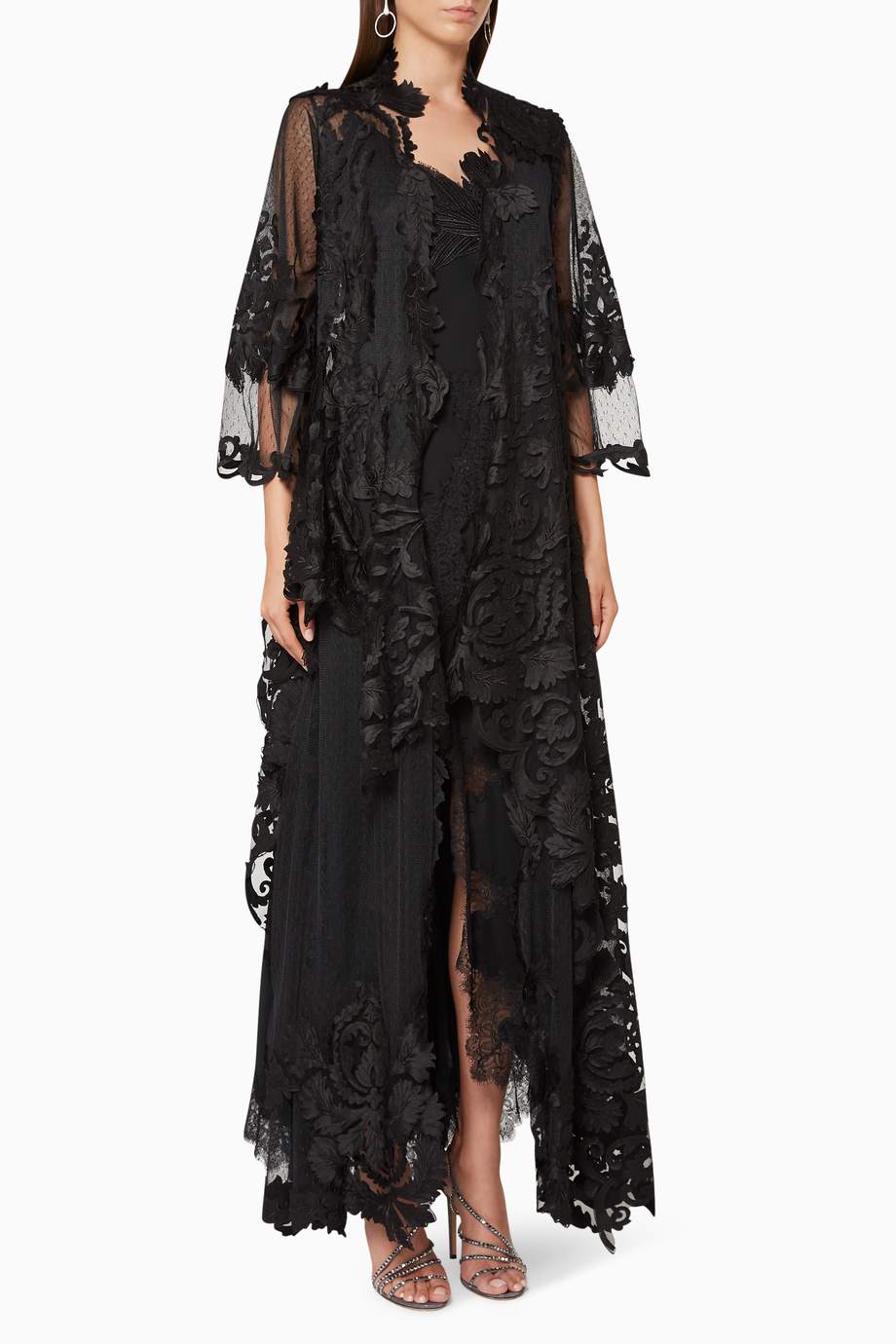Shop Pearl Haute  Couture  Black Floral Lace Abaya  for Women 