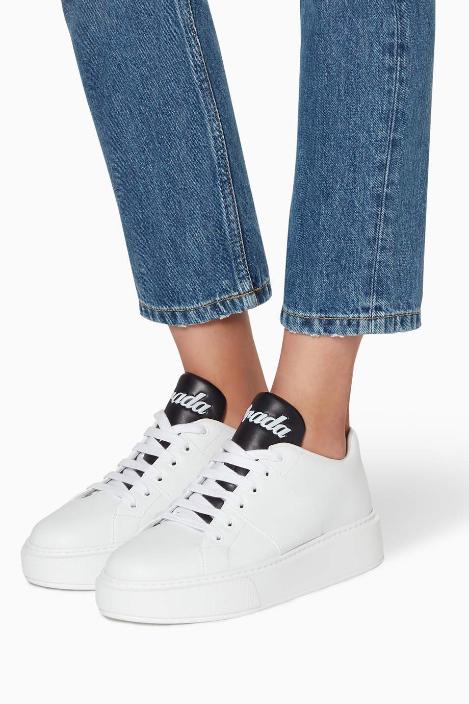 Shop Prada White Leather Flatform Sneakers for Women | Ounass Oman