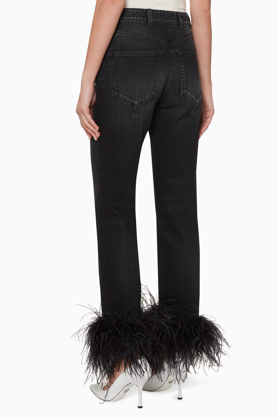 Shop Prada Black Feather Trimmed Cotton Pants for Women Ounass UAE