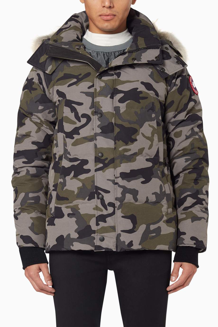 Shop Canada Goose Grey Wyndham Camouflage Down Jacket for Men | Ounass ...