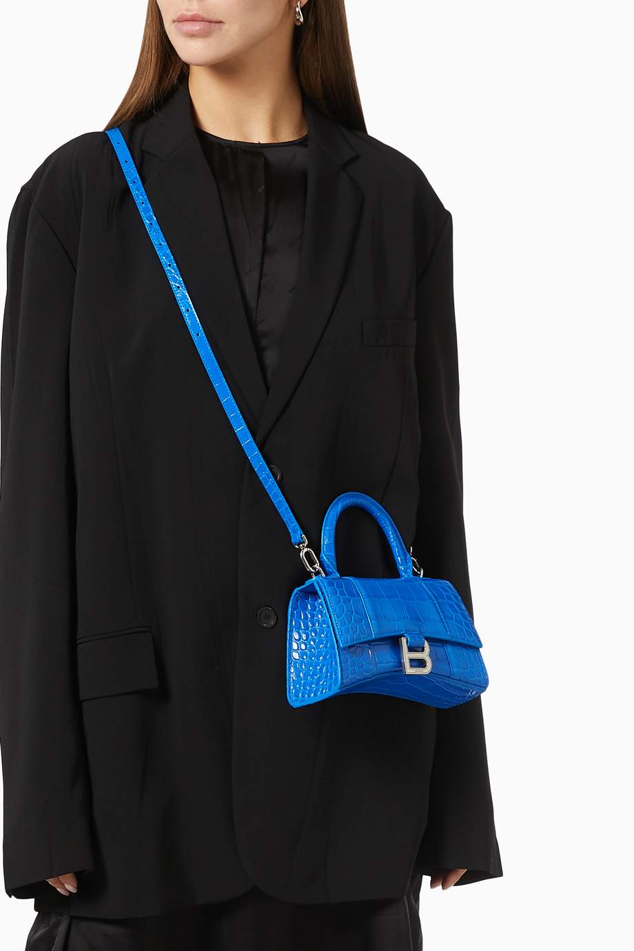Shop Balenciaga Blue Hourglass XS Top Handle Bag in Shiny Crocodile ...