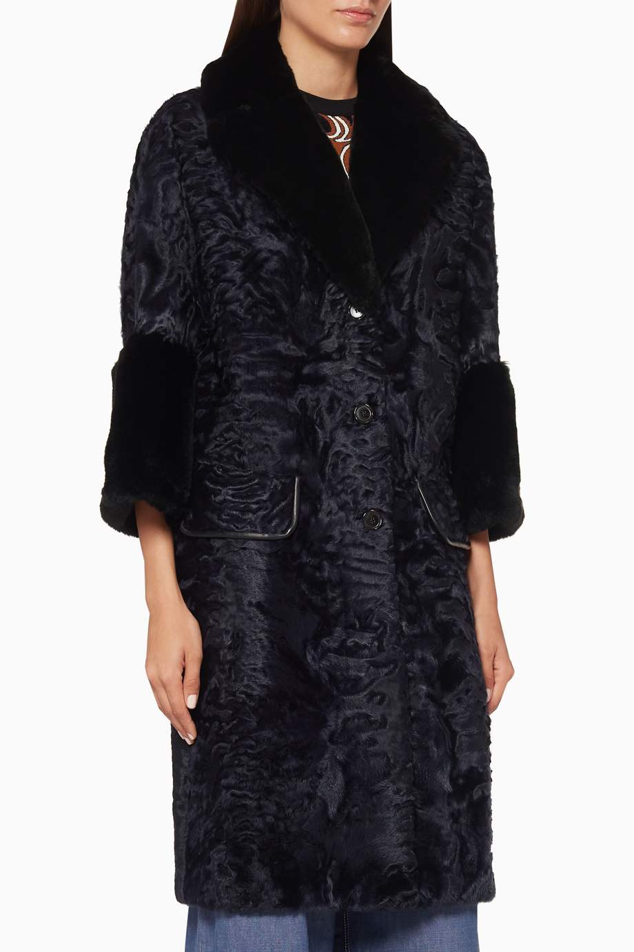 Shop Marni Blue Persian Lamb Fur Trim Coat for Women Ounass UAE