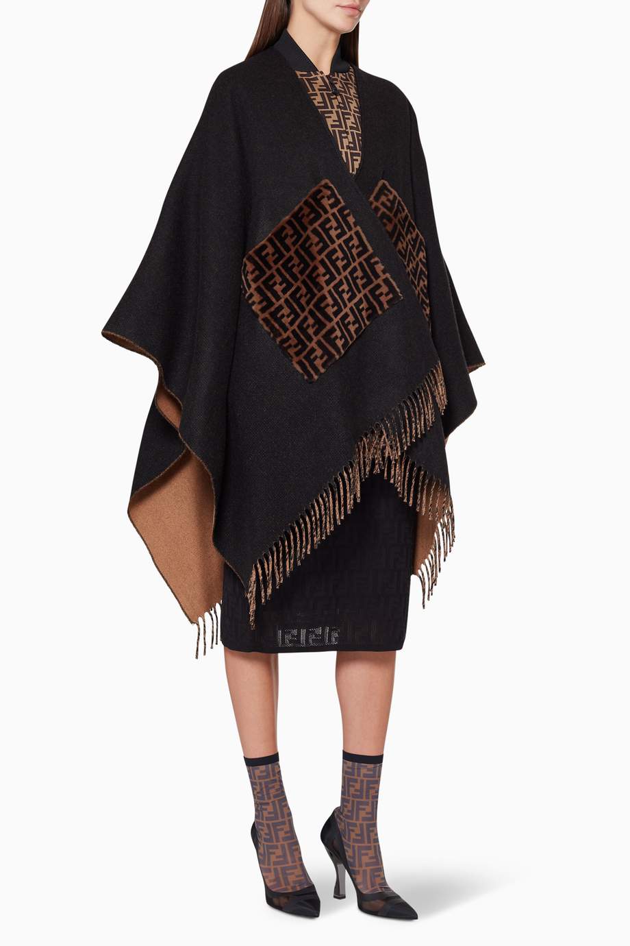 Shop Fendi Black FF Fur Pocket Cashmere & Wool Poncho for Women ...