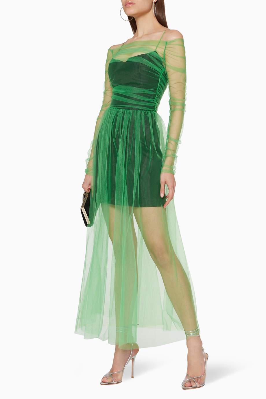 Shop Rasario Green Cold-Shoulder Tulle Maxi Dress for Women | Ounass UAE