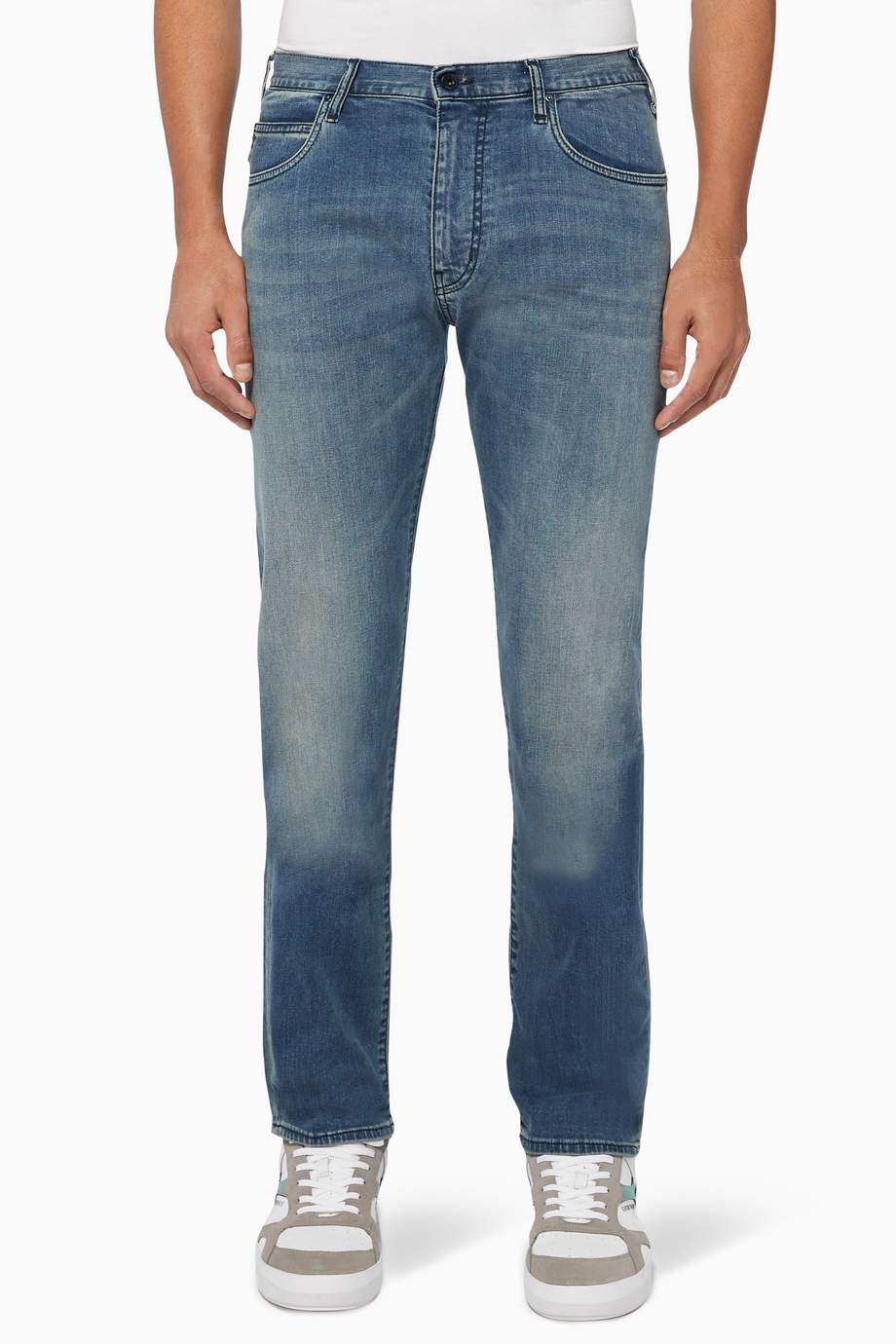 Shop Emporio Armani Blue J45 Stretch Denim Regular-fit Jeans for Men ...