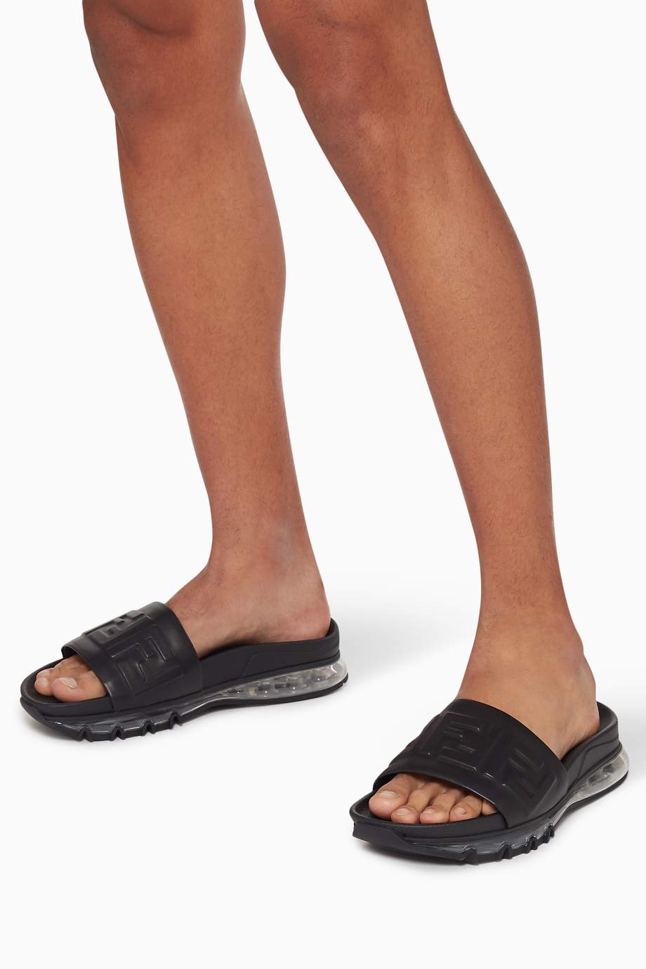 Shop Fendi Black FF Leather Air Bubble Slides for Men Ounass