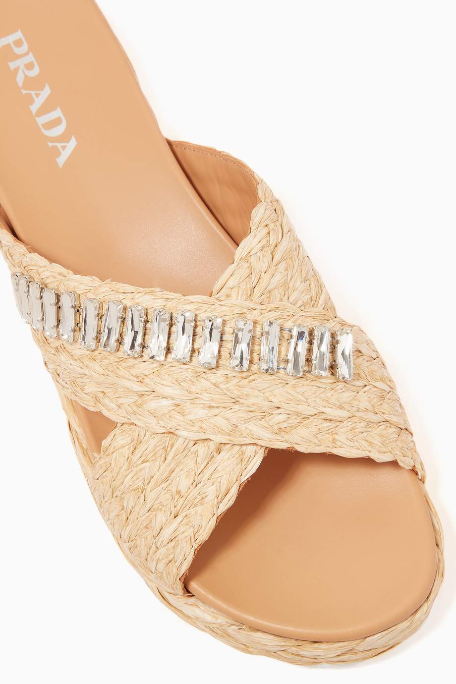 Shop Prada Neutral Crystal Embellished Raffia Slides for Women Ounass UAE