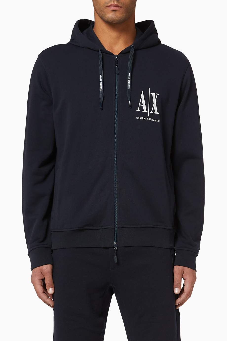 Shop Armani Exchange Blue Logo Embroidery Cotton Hooded Sweatshirt for