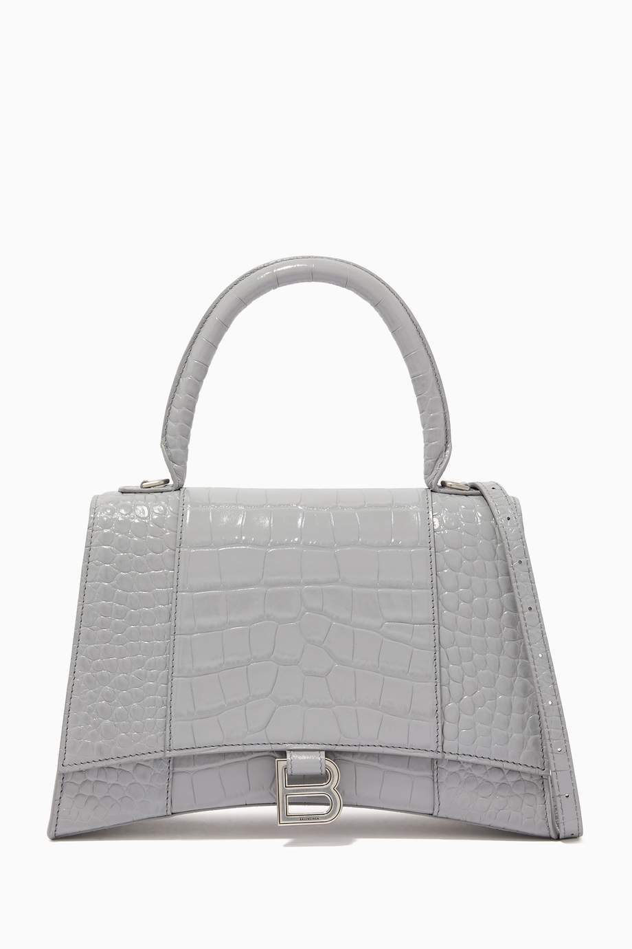 Shop Balenciaga Grey Hourglass Top Handle Bag in Shiny Crocodile ...