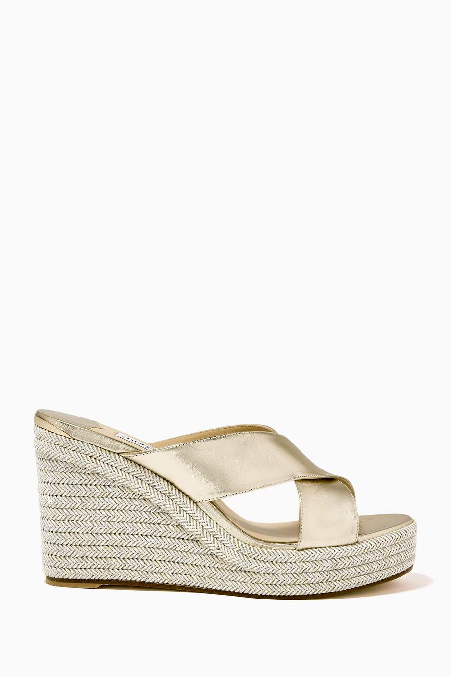 Shop Jimmy Choo Neutral Dovina 100 Wedge Sandals in Metallic Nappa for ...