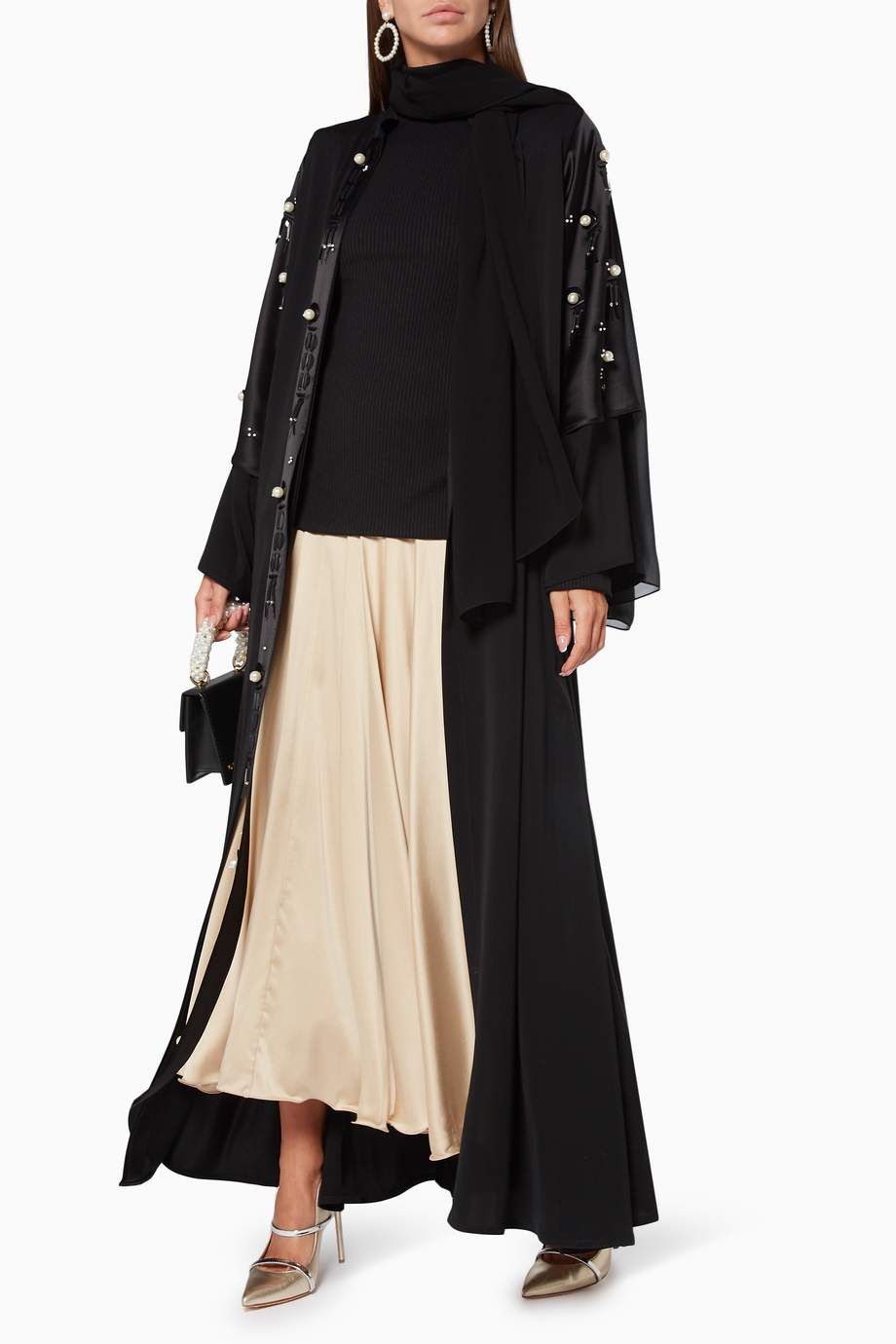 Shop Pearl Haute  Couture  Black Embroidered Silk Abaya  for 