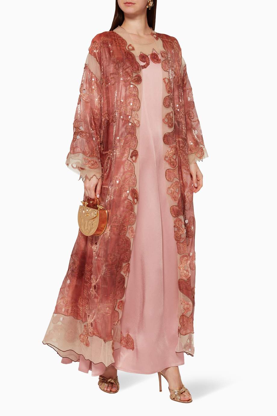 Shop Pearl Haute Couture Brown Embellished Silk Jalabiya for Women