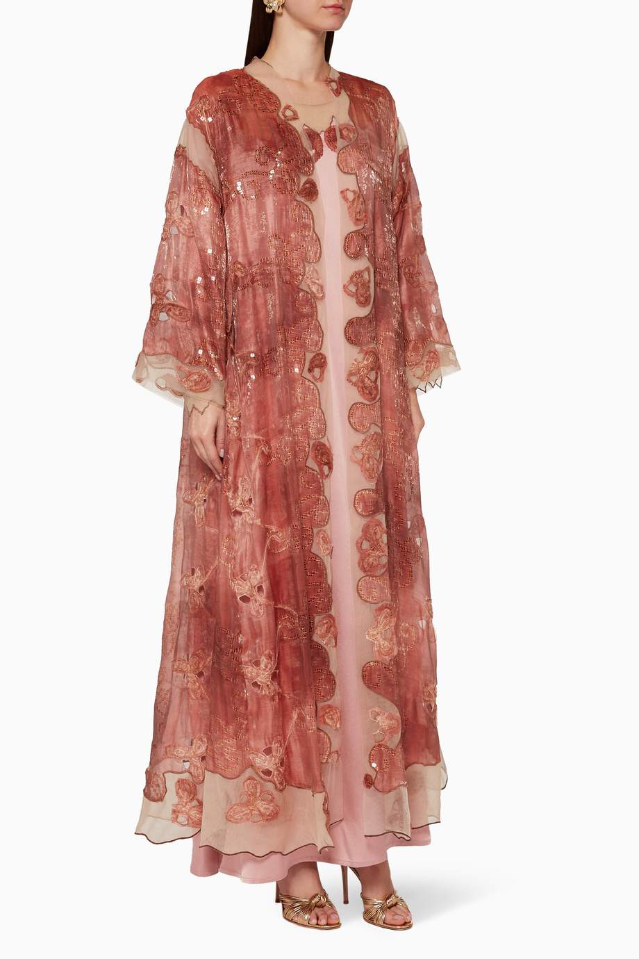 Shop Pearl Haute Couture Brown Embellished Silk Jalabiya for Women