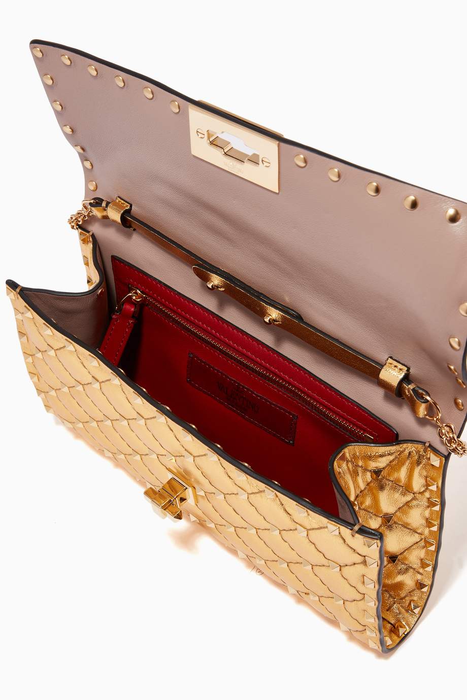 Shop Valentino Gold Valentino Garavani Small Rockstud Spike Clutch in