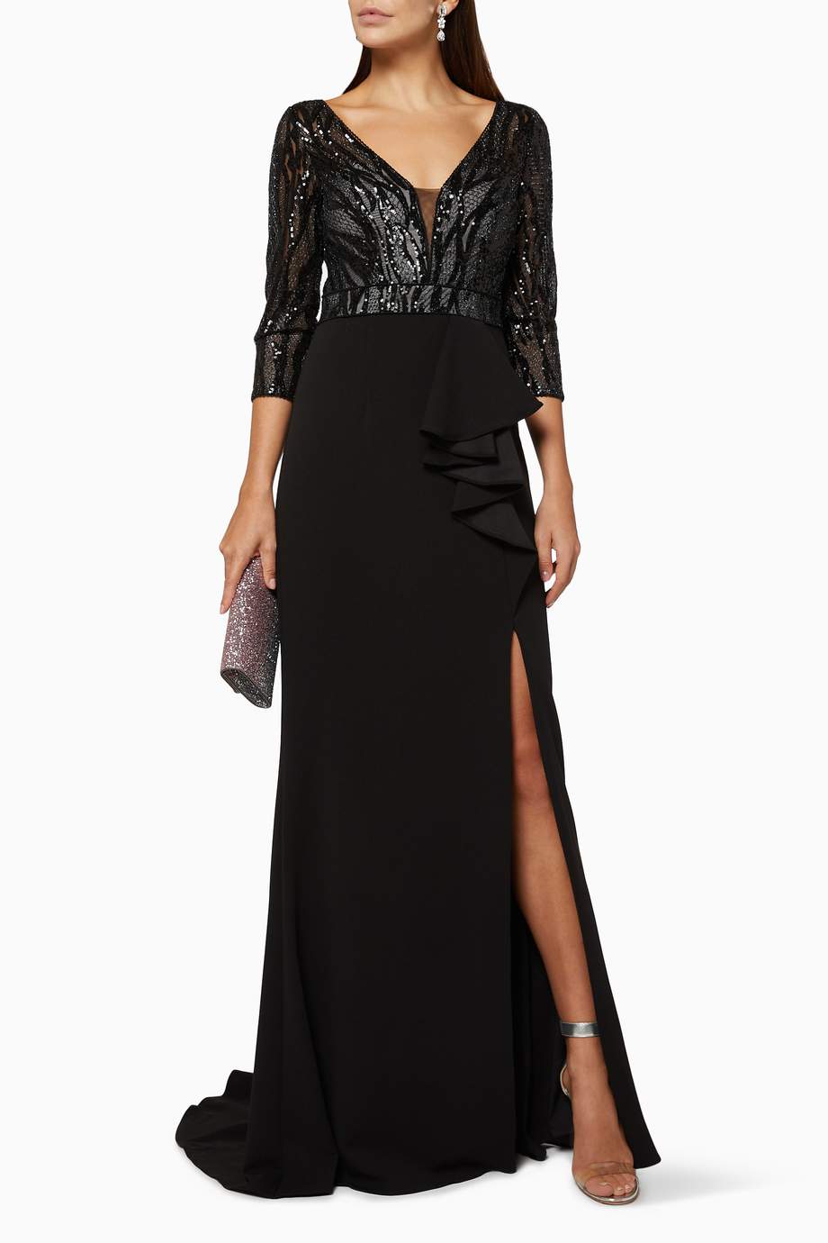 basix feather embellished gown