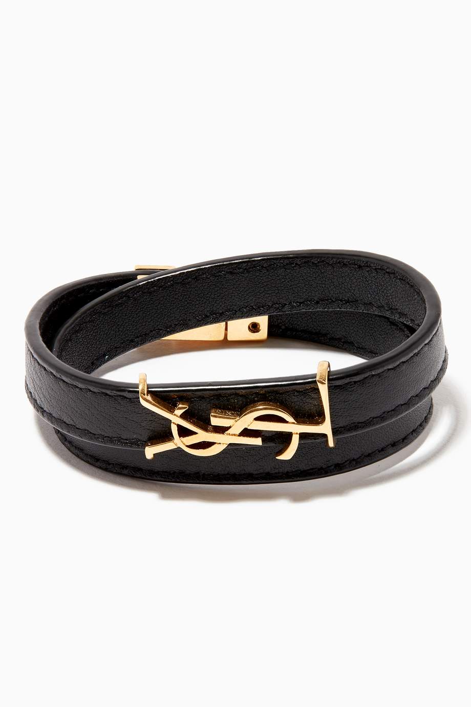 Shop SAINT LAURENT Black Opyum Double Bracelet in Smooth Leather for