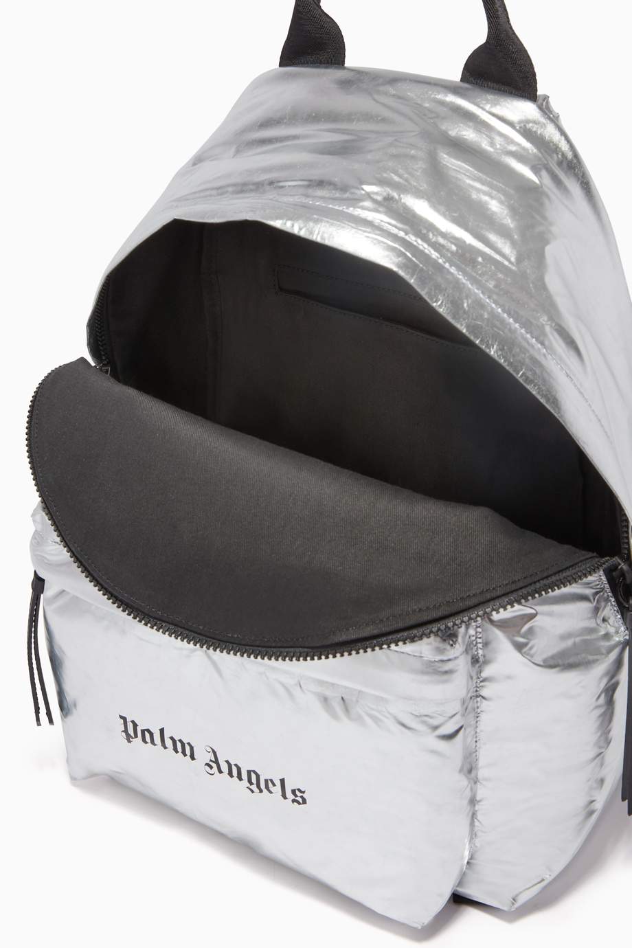 Shop Palm Angels Silver Logo Backpack in Metallic Nylon for Men ...