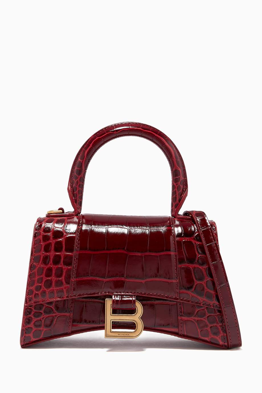 Shop Balenciaga Red Hourglass XS Top Handle Bag in Shiny Crocodile ...