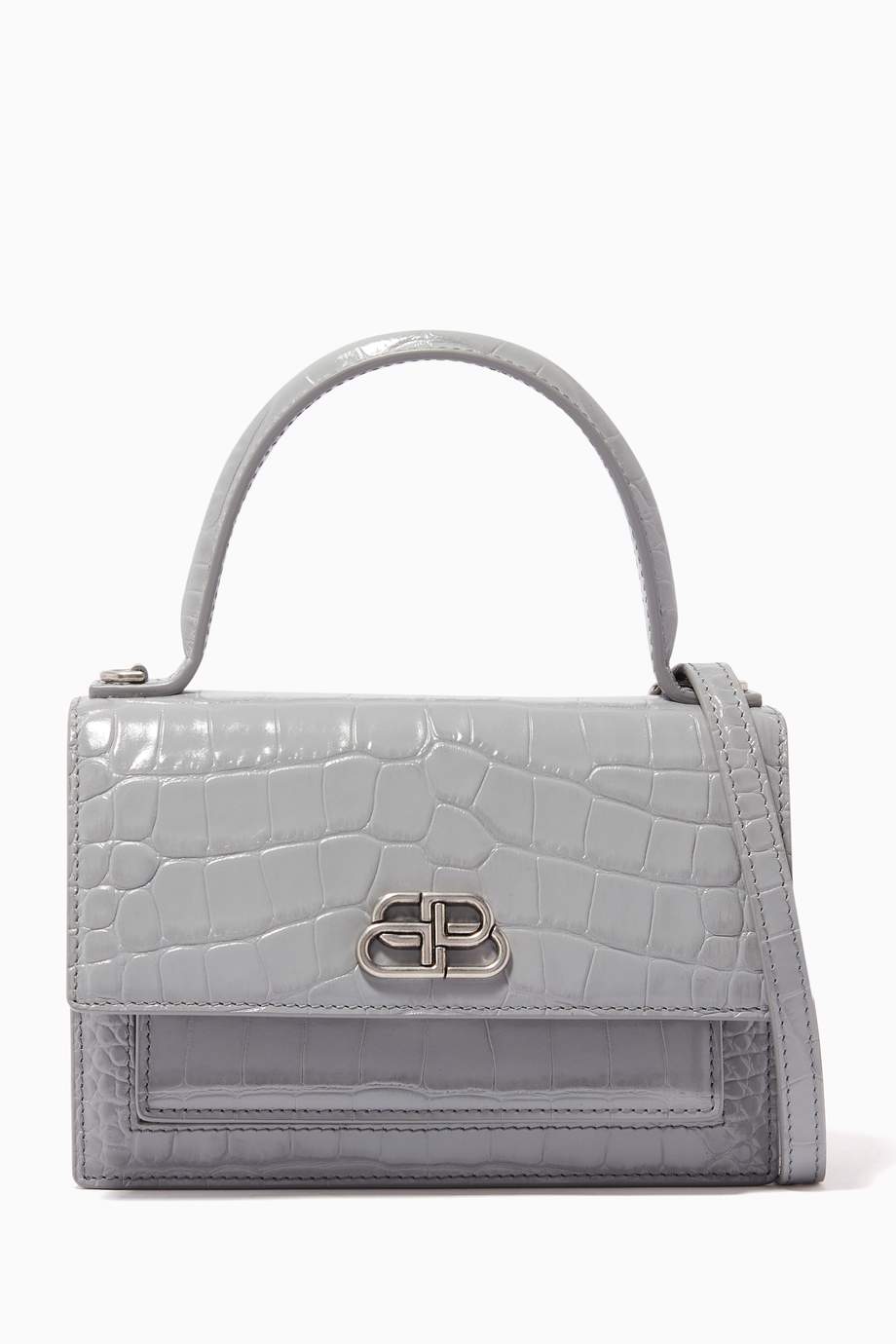Shop Balenciaga Grey Sharp XS Satchel Shoulder Bag in Shiny Crocodile