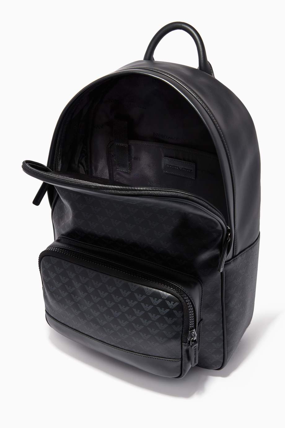 Shop Emporio Armani Black Eagle Monogram Leather Backpack for Men ...
