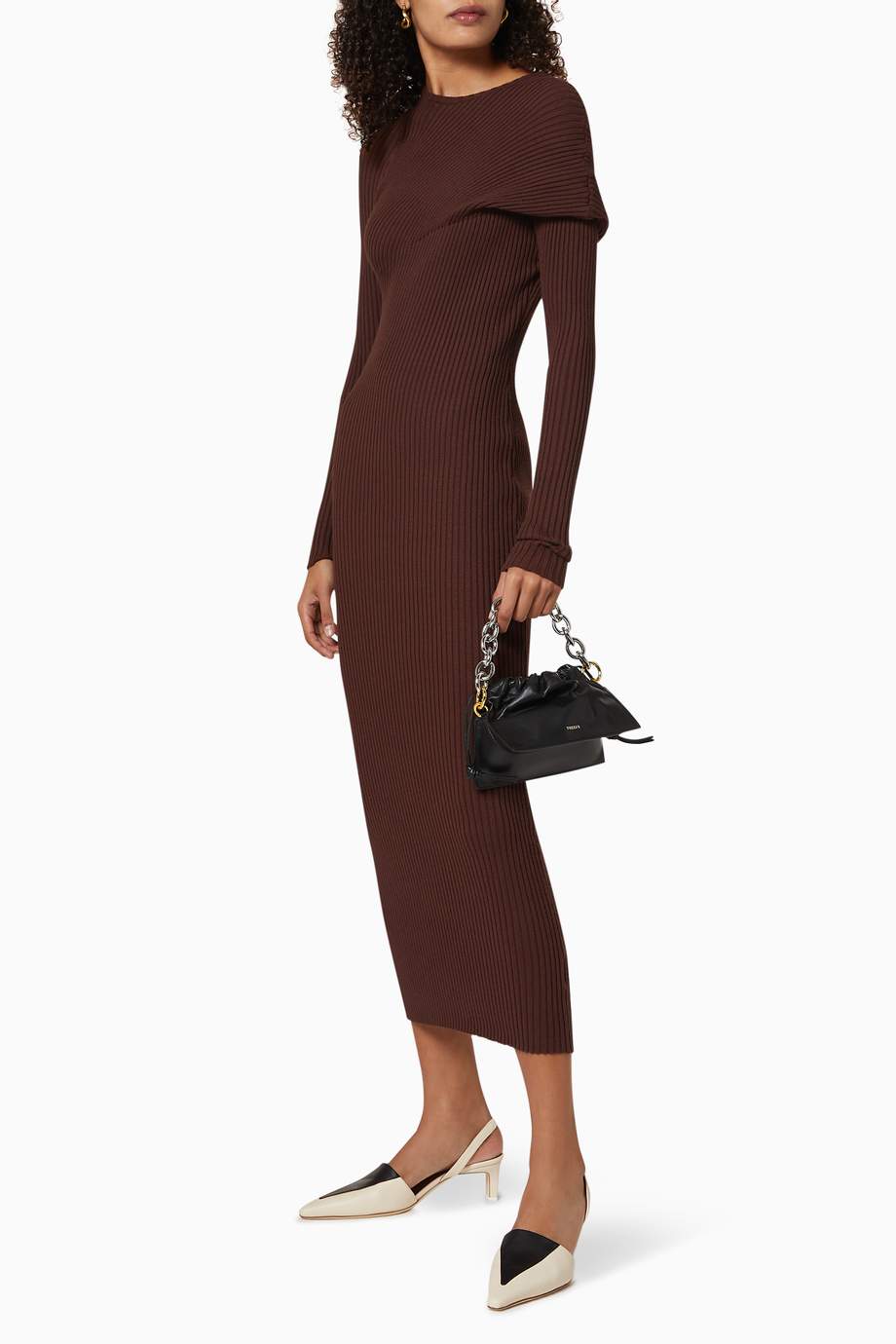 Shop Wynn Hamlyn Brown Fold Ribbed Knit Dress for Women | Ounass UAE