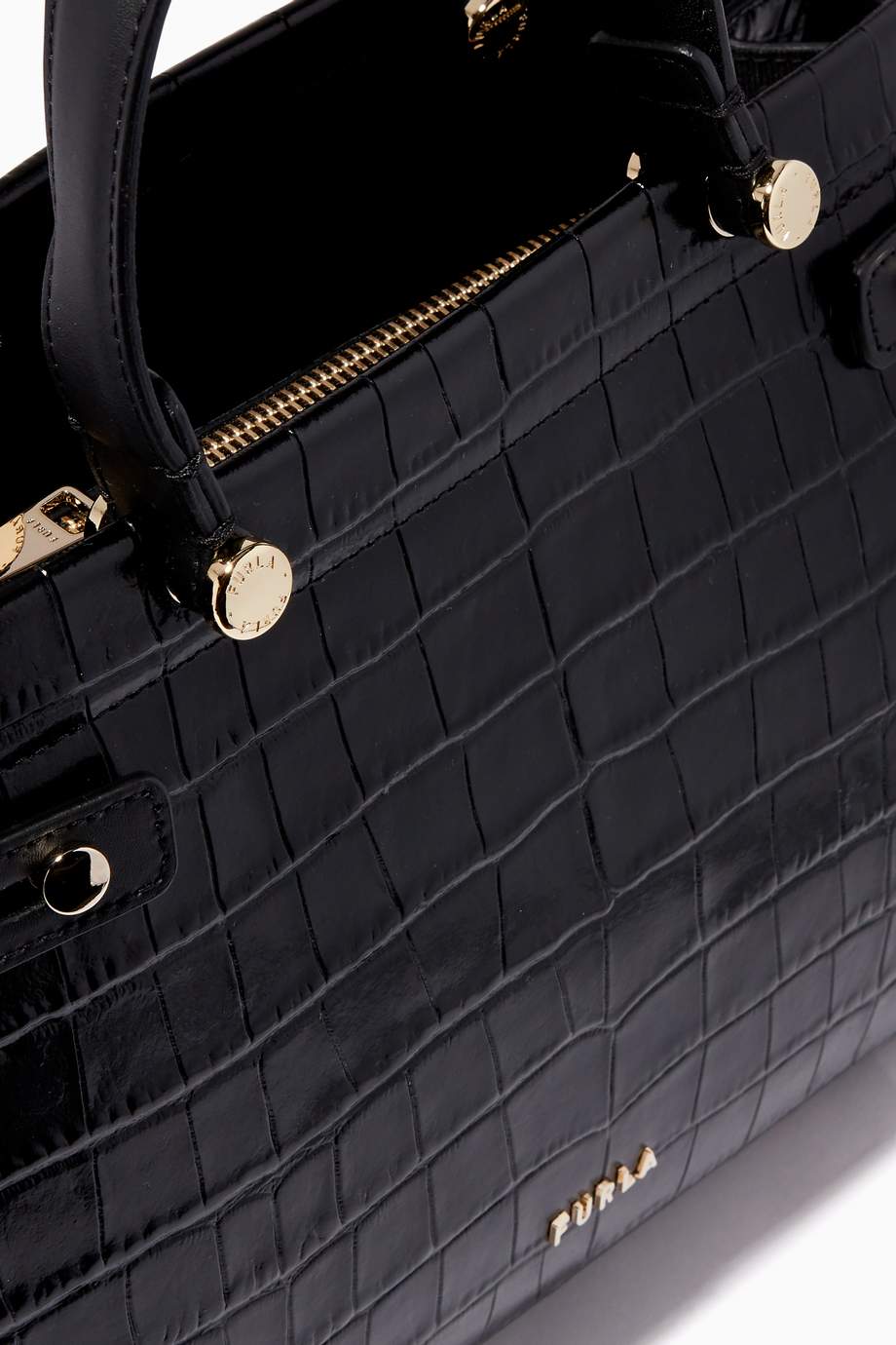 Shop Furla Black Furla Lady M Tote Bag In Croc Embossed Leather For