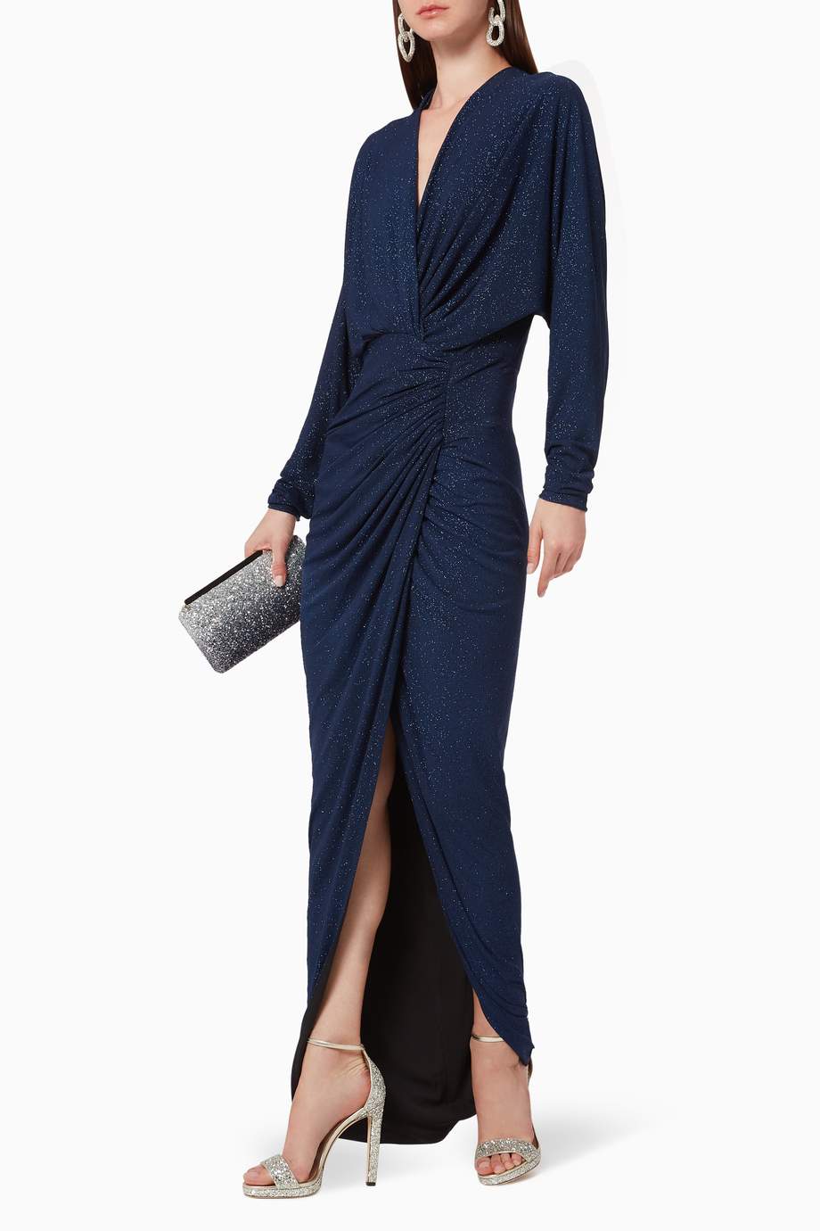 la femme metallic jersey ruched gown with ruffle trim