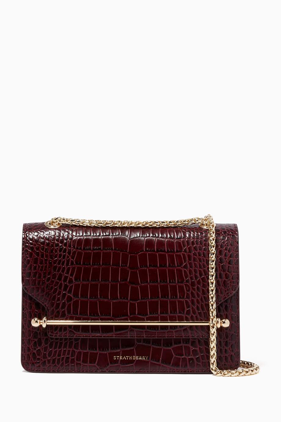 Shop Strathberry Burgundy Mini East West Bag in Croco Embossed Leather ...