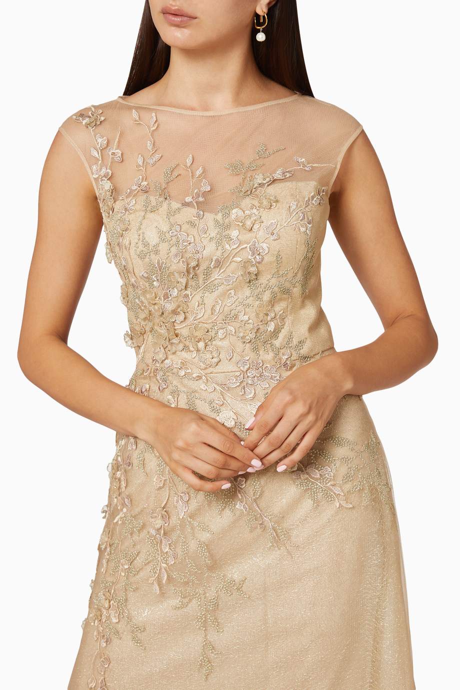Shop Teri Jon Gold Metallic Tulle Gown for Women | Ounass UAE