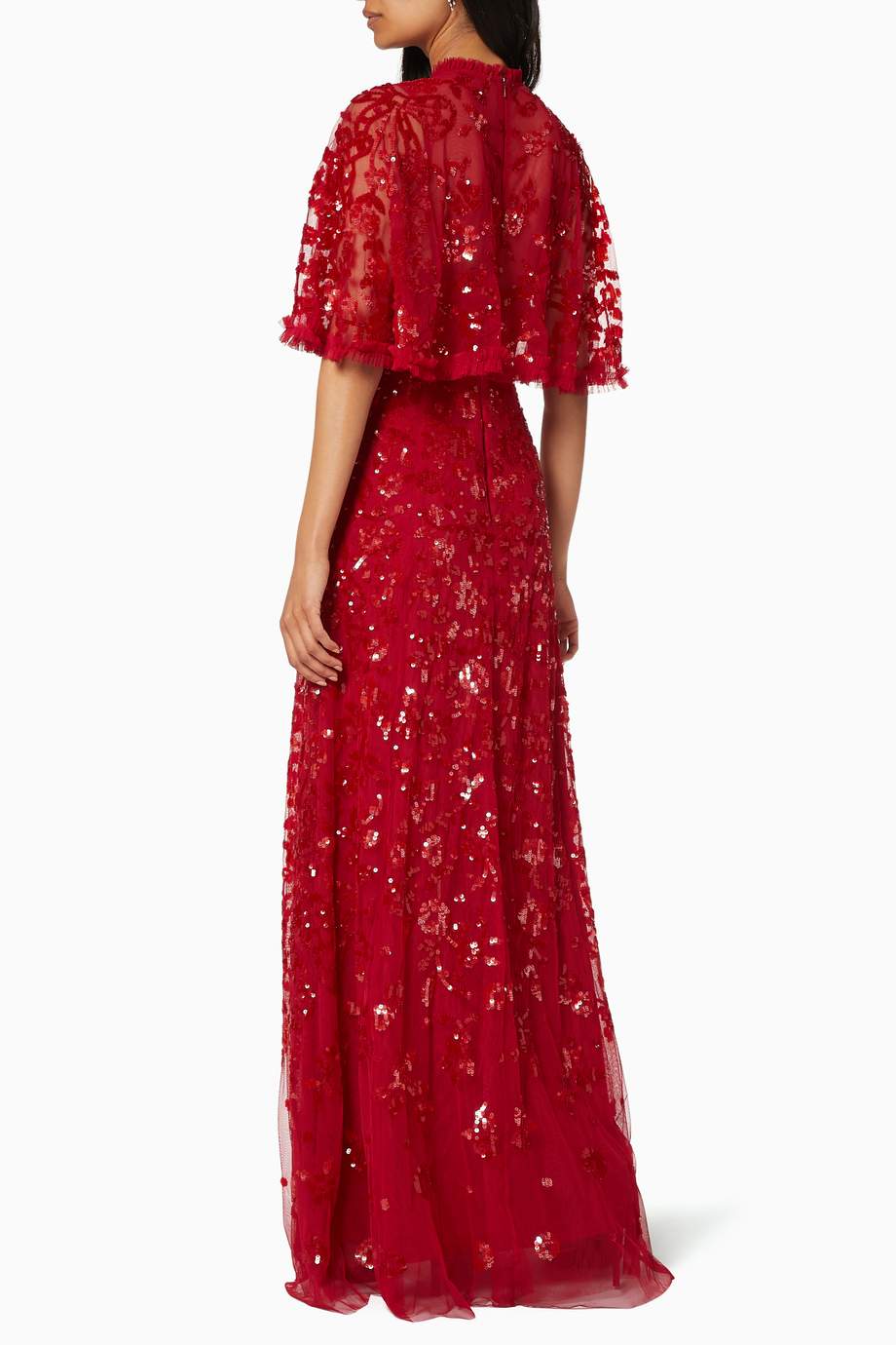 Shop Needle & Thread Red Sequin Embellished Cape Sleeves Gown for Women ...