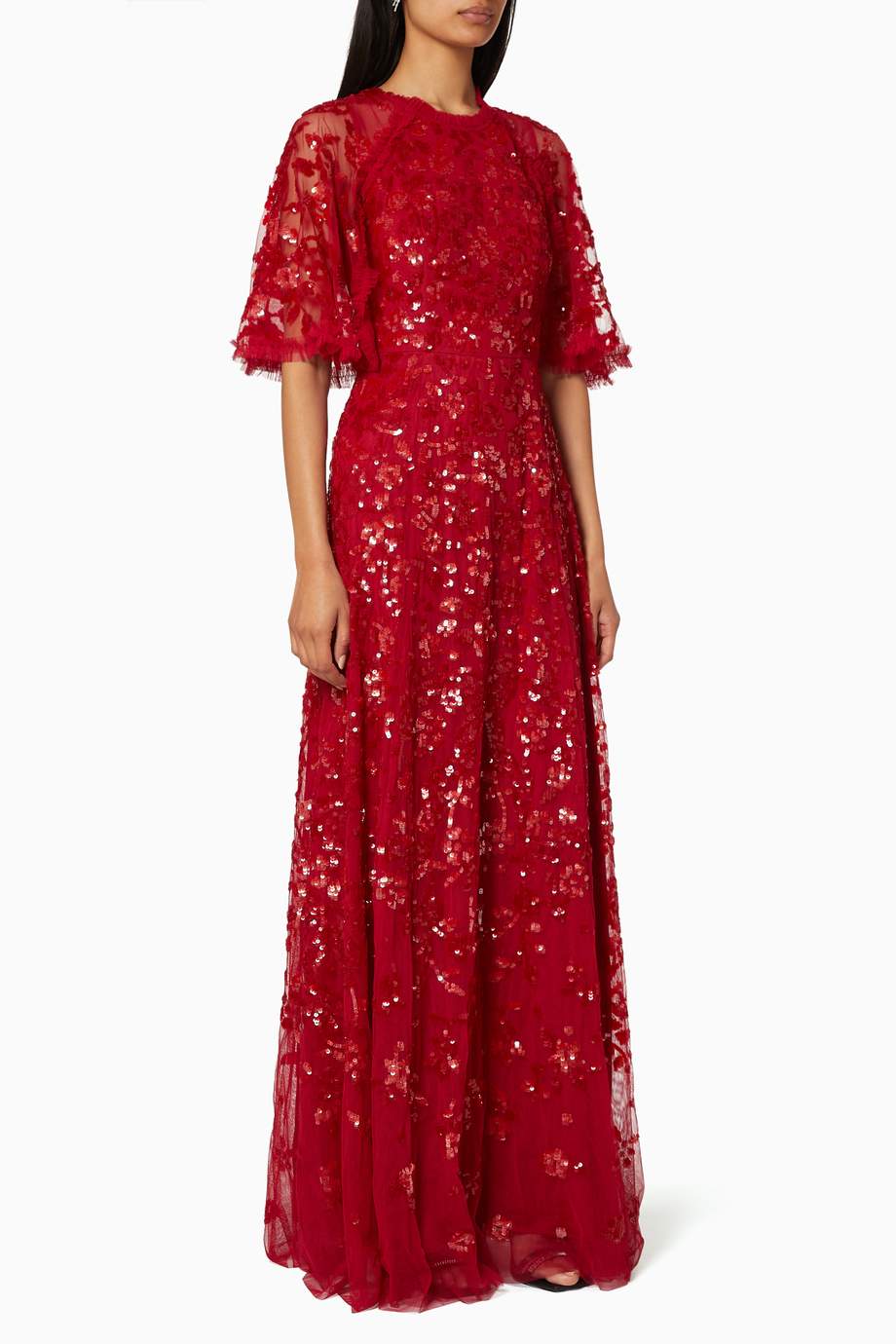 Shop Needle & Thread Red Sequin Embellished Cape Sleeves Gown for Women ...