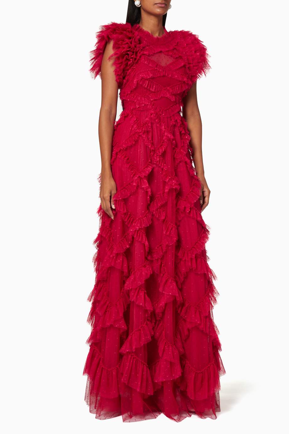 Shop Needle & Thread Red Genevieve Ruffle Lace & Tulle Gown for Women ...
