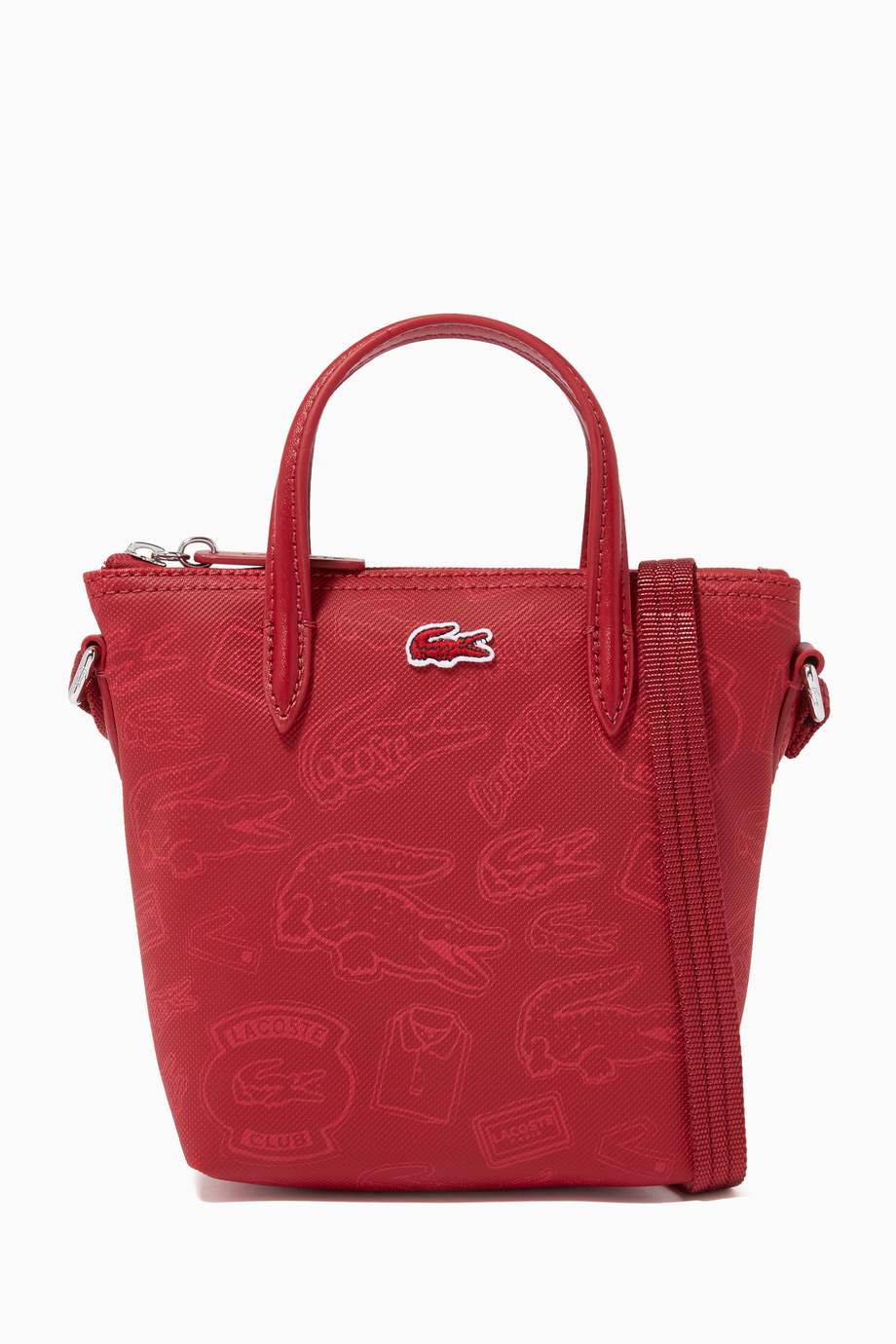 Shop Lacoste Red L.12.12 Small Crossbody Bag in Logo Patterned Canvas ...